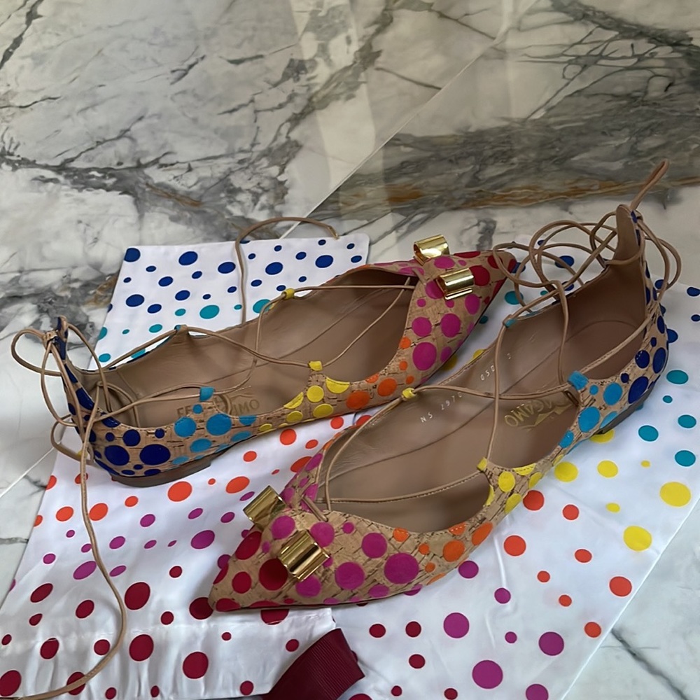 Salvatore Ferragamo Colorful Spotted Cork Lace-up Flats 🔴🟠🟡🟢🔵🟣